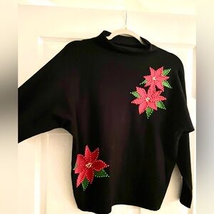 NEW Aaeda Holiday Poinsettia Beaded Floral Embellished Black Sweater. Sz XSmall.